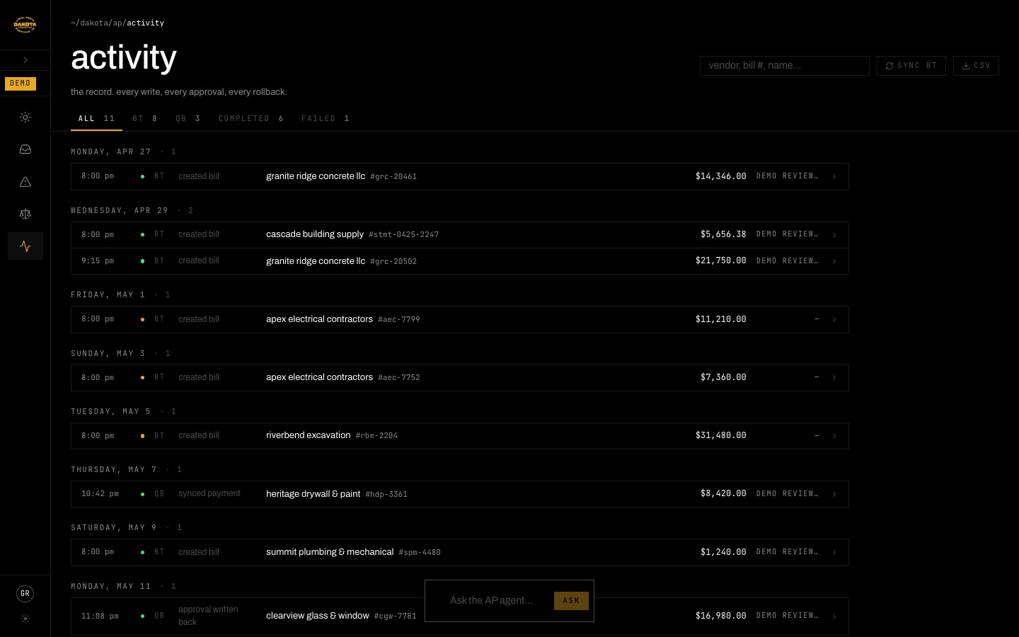 Activity log of invoice actions by day.