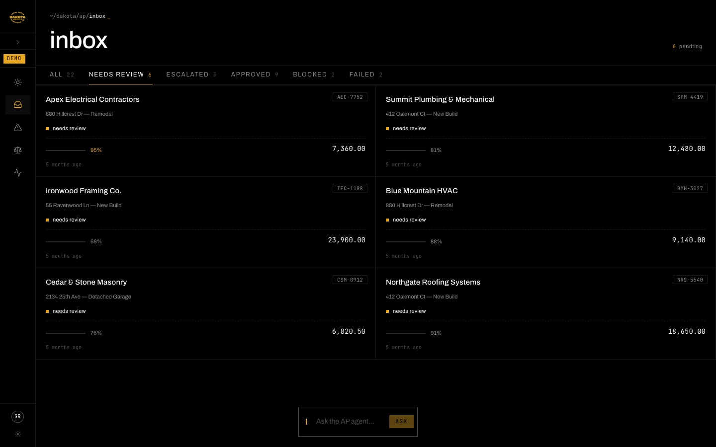 Dakota Capital AP dashboard, invoice inbox with demo vendors awaiting review.
