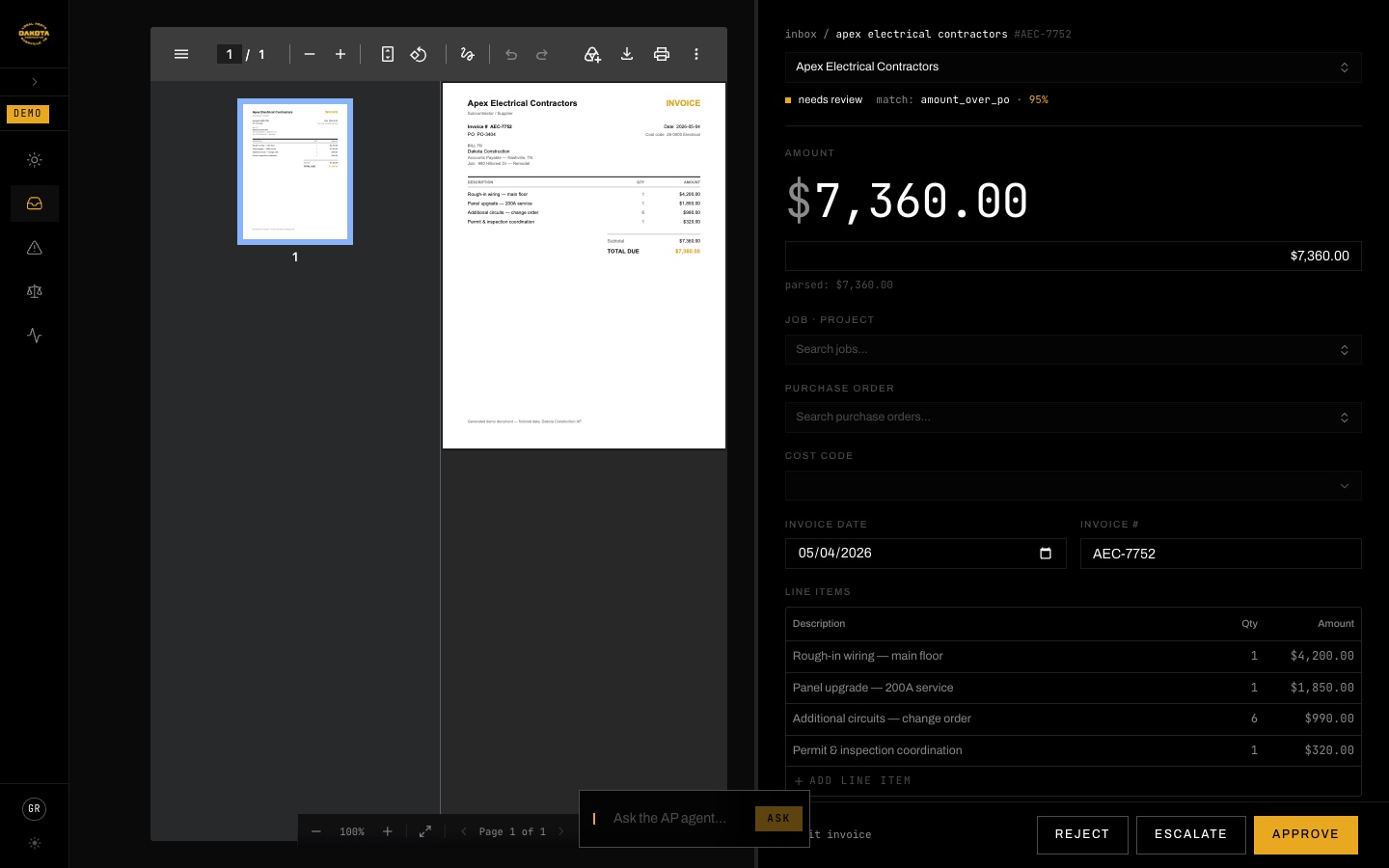 Invoice detail: the vendor PDF beside the extracted amount, job, cost code and line items, with Reject, Escalate and Approve.