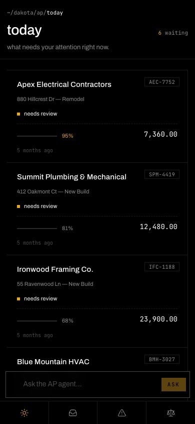 Dakota Capital AP dashboard, Today view, on a phone.