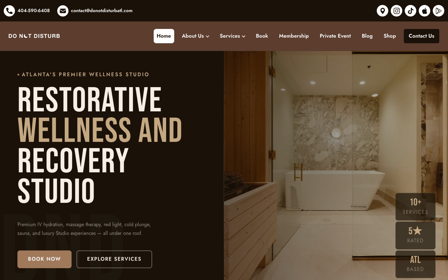 Do Not Disturb homepage, desktop: Restorative wellness and recovery studio, Atlanta.