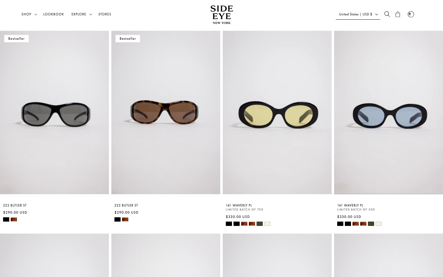 Side Eye collection page with sunglasses on white tiles.