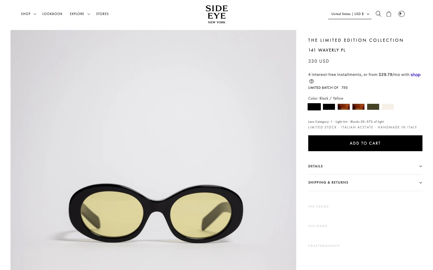 Side Eye product page for 141 Waverly Pl in black with yellow lenses, desktop.