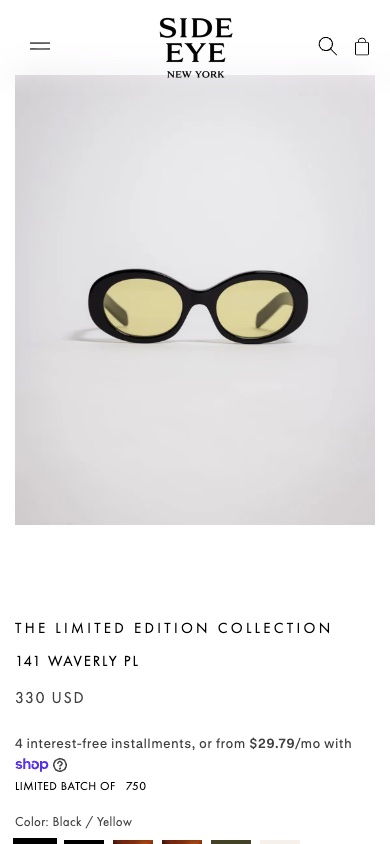 Side Eye product page on a phone.