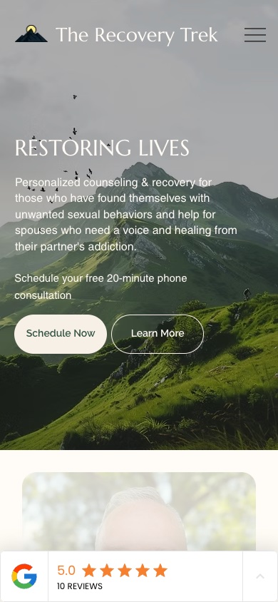 The Recovery Trek homepage on a phone.