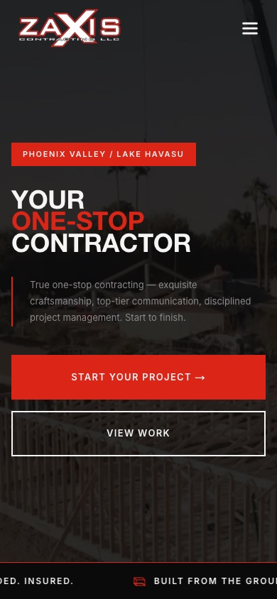 Zaxis Contracting homepage on a phone.